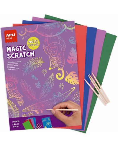 Комплект скреч карти Apli Kids - 8 цветни карти и 4 дървени стика - 1