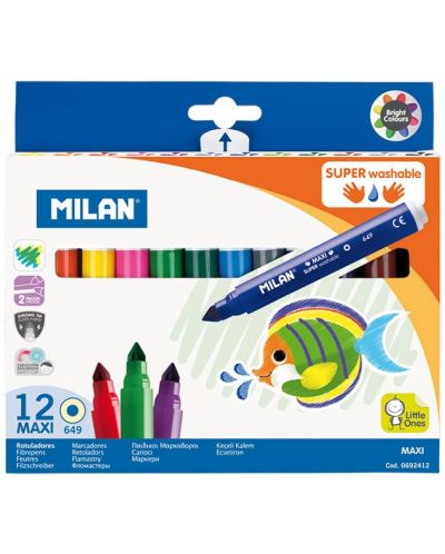 Комплект флумастери Milan - Maxi Super Washable, 12 цвята - 1