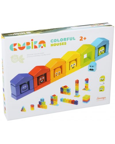 Комплект дървени блокчета Cubika - Цветни къщички - 4
