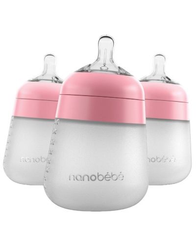 Комплект силиконови бутилки Nanobebe - Flexy, 270 ml, 3 броя, розови - 1