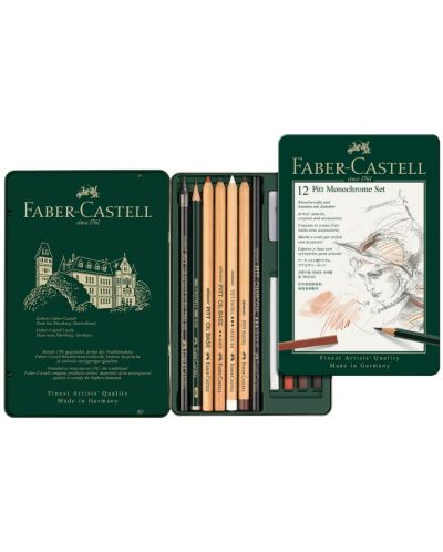 Комплект моливи Faber-Castell Pitt Monochrome - 12 броя, в метална кутия - 2
