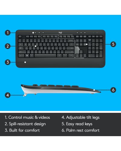 Комплект клавиатура и мишка Logitech - MK540 Advanced, безжичен, черен - 7