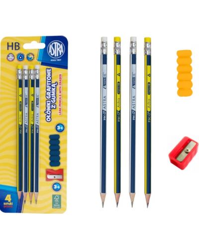 Комплект графитни моливи Astra -  С острилка и капачка, HB, 4 броя - 2