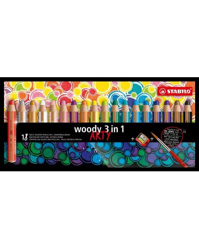Комплект цветни моливи Stabilo Woody 3 in 1 - Arty, 18 цвята, с острилка и четка - 1