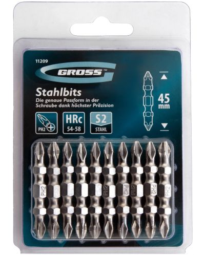 Комплект двустранни битове Gross - PH2-Ph2 x 45 mm, S2, 10 броя - 1