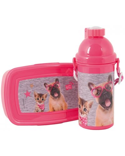 Комплект бутилка за вода и кутия за храна Paso Studio Pets - Куче с очила сърце - 1