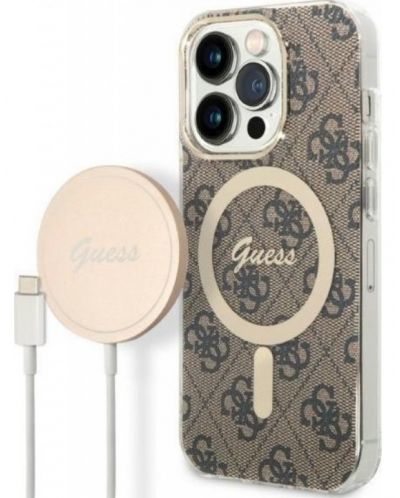 Калъф и зарядно Guess - 4G MagSafe, iPhone 14 Prо, кафяв - 1