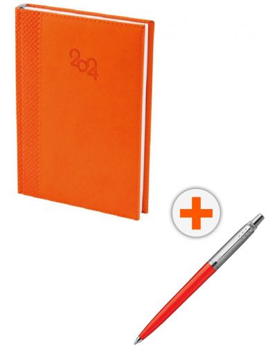 Комплект календар-бележник Spree - Оранжев, с химикалка Parker Royal Jotter Originals 80s, червена - 1