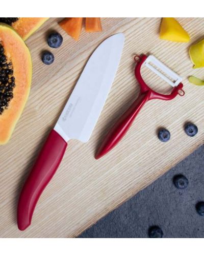 Комплект керамичен нож с белачка Kyocera - червен - 4