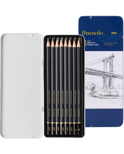 Комплект графитни моливи Deli Finenolo - EC26, 8 броя, метална кутия - 1