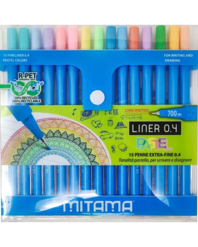 Комплект тънкописци Mitama - Pastel, 15 цвята - 1