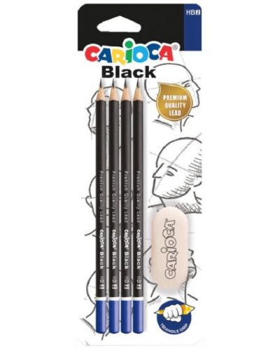 Комплект моливи Carioca - Черни, 4 броя, HB, гумичка - 1