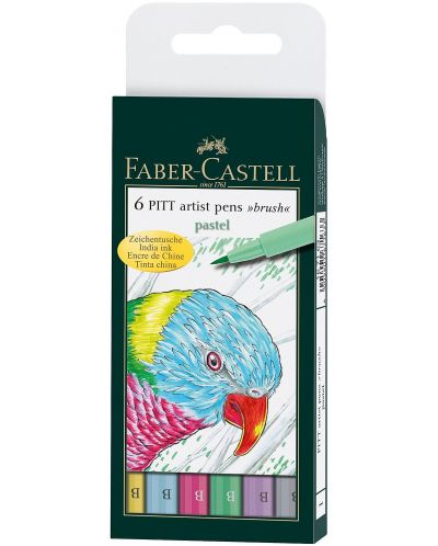 Комплект маркери с четка Faber-Castell Pitt Artist - Пастелни цветове, 6 броя - 1