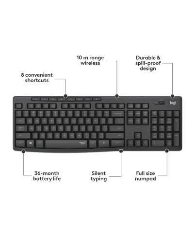 Комплект мишка и клавиатура Logitech - MK295, безжичен, черен - 6