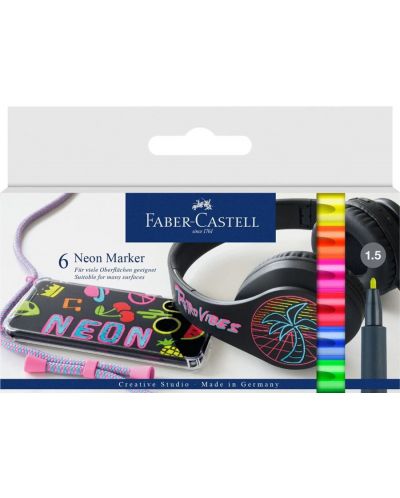 Комплект маркери Faber-Castell Neon - 6 цвята, 1.5 mm - 1