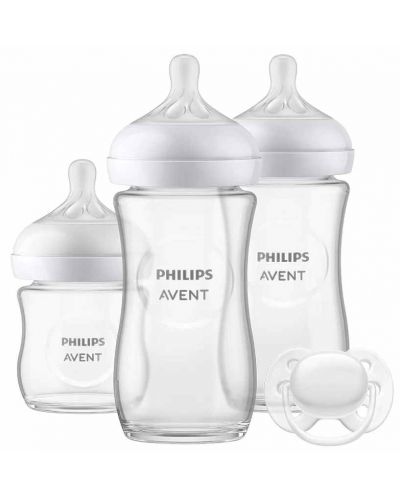 Комплект от 3 броя стъклени шишета Philips Avent - Natural Response 3.0, със залъгалка - 2