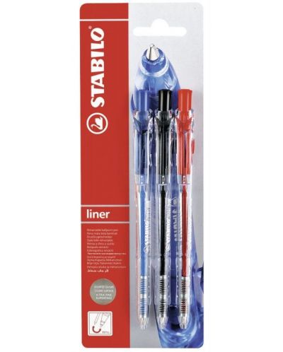 Комплект химикалки Stabilo Liner – F, 3 броя, червен, син и черен - 1
