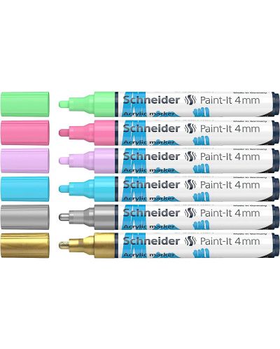 Комплект акрилни маркери Schneider Paint-It - 320, 4.00 mm, 4 пастелни и 2 металикови цвята - 1