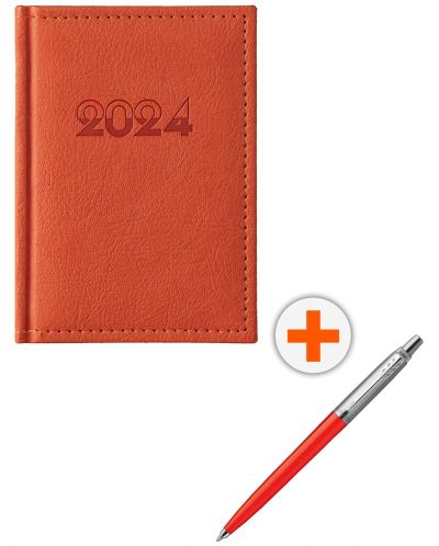 Комплект джобен тефтер Казанова - Оранжев, с химикалка Parker Royal Jotter Originals Glam Rock, червена - 1