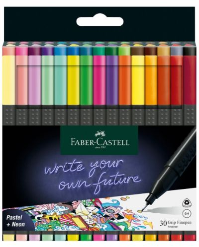 Комплект тънкописци Faber-Castell Grip - 0.4 mm, пастелни и неонови, 30 цвята - 1