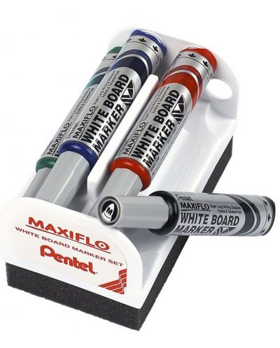 Комплект маркери Pentel Board Maxfilo - 6.0 mm, 4 броя + гъба - 1