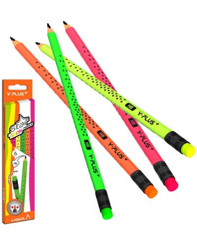 Комплект моливи Y-Plus - НВ, Star Neon, 6 броя - 1