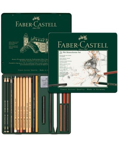 Комплект моливи Faber-Castell Pitt Monochrome - 21 броя, в метална кутия - 2