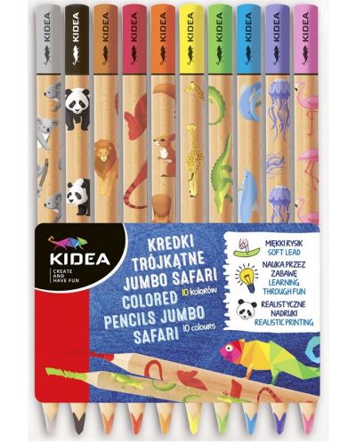 Комплект цветни моливи Kidea - Jumbo Safari, 10 цвята - 1