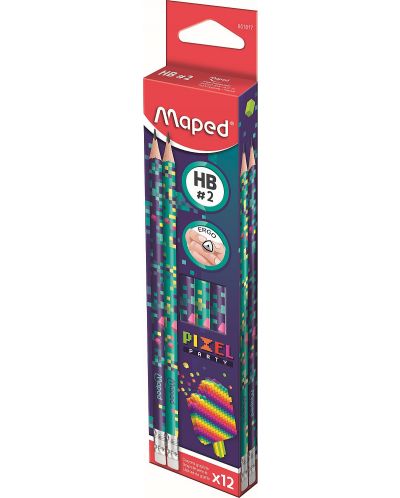 Комплект моливи Maped Pixel Party - HB, с гумичка, 12 броя - 1