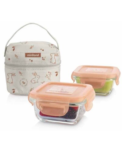 Комплект контейнери Miniland - Pack-2-go, natur, зайче, стъклени, 2 х 160 ml
