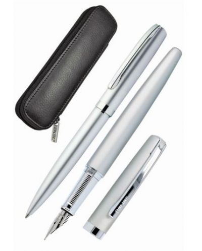 Комплект писалка и химикалка с кожен калъф Online Elegance - Silver - 1