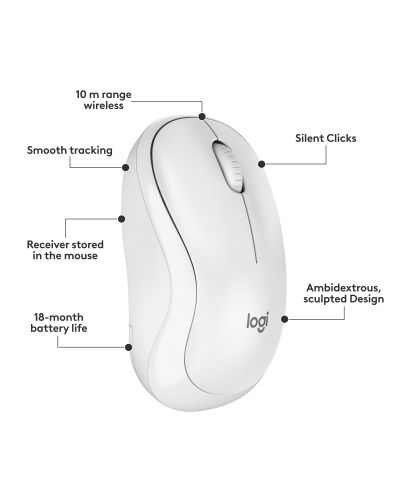 Комплект мишка и клавиатура Logitech - MK295, безжичен, бял - 7