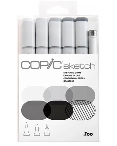 Комплект маркери Too Copic Sketch - Сиви за скициране, 5 броя + 1 multi liner - 1