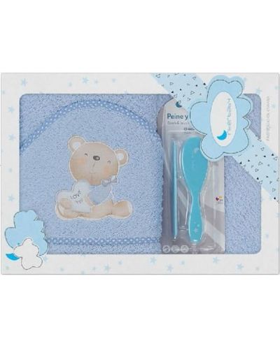 Комплект бебешка хавлия с гребен и четка Interbaby - Love you Blue, 100 x 100 cm - 1
