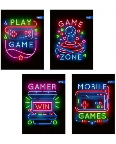 Комплект от 10 тетрадки Spree Neon Games - A4, 62 листа, широки редове