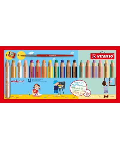 Комплект цветни моливи Stabilo Woody 3 in 1 - 12 + 6 пастелни цвята, с острилка и четка - 1