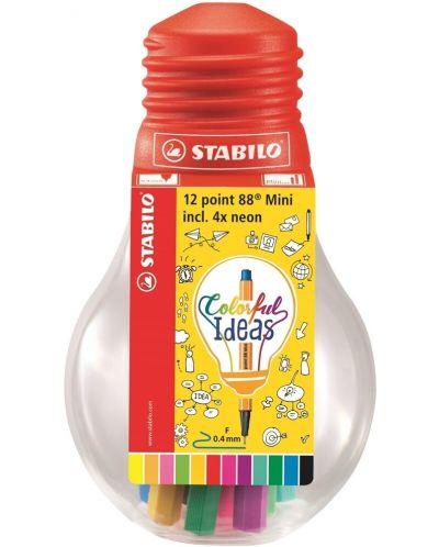 Комплект мини тънкописци Stabilo Point 88 - Mini Colorful Ideas, в крушка, 12 цвята - 1