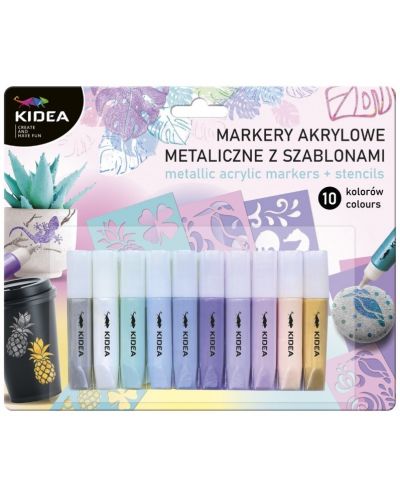 Комплект пастелни маркери Kidea - Акрилни, 10 цвята, с шаблони - 1