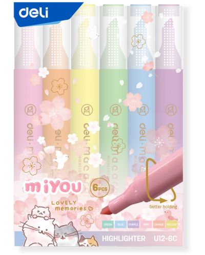 Комплект текст маркери Deli MiYou - EU12-6C, 6 пастелни цвята - 1