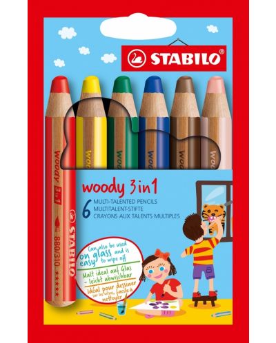 Комплект цветни моливи Stabilo Woody 3 in 1 - 6 цвята - 1