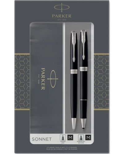 Комплект химикалка Parker Sonnet Essential - С ролер, сребристо покритие, с кутия - 1
