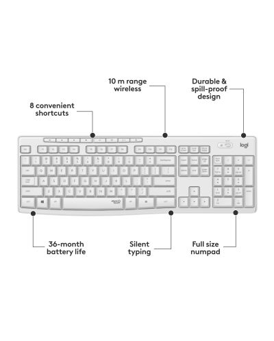 Комплект мишка и клавиатура Logitech - MK295, безжичен, бял - 6