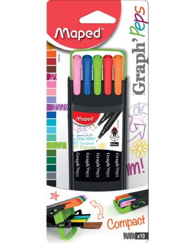 Комплект тънкописци Maped - Graph Peps Compact, 0.4 mm, 10 цвята - 1