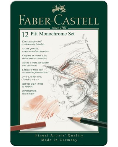 Комплект моливи Faber-Castell Pitt Monochrome - 12 броя, в метална кутия - 1