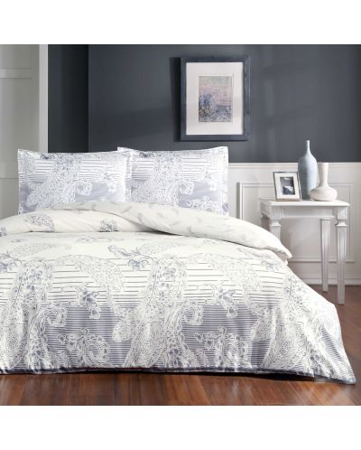 Комплект за спалня TAC - Paisley, 100% памук, сатениран, бяло/син - 1