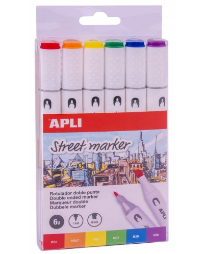 Комплект двувърхи маркери Apli - 6 цвята - 1