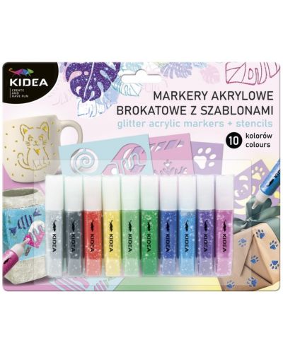 Комплект блестящи маркери Kidea - Акрилни, 10 цвята, с шаблони - 1