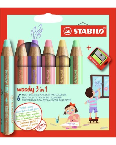 Комплект цветни моливи Stabilo Woody 3 in 1 - 6 пастелни цвята, с острилка - 1