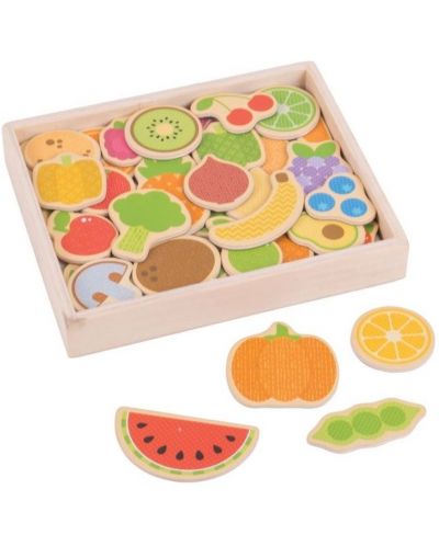 Комплект дървени магнити Bigjigs - Плодове и зеленчуци, в кутия - 1