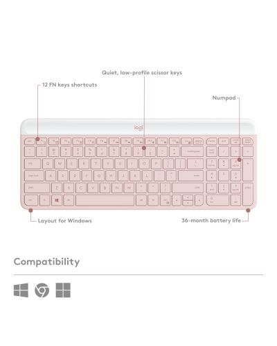 Комплект мишка и клавиатура Logitech - MK470 Slim Combo, безжични, rose - 7